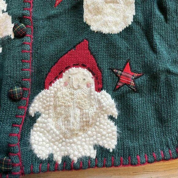 Vintage Christmas Vest Large Ugly Santa Hand Embroidered Green White Red Patch - Picture 7 of 8